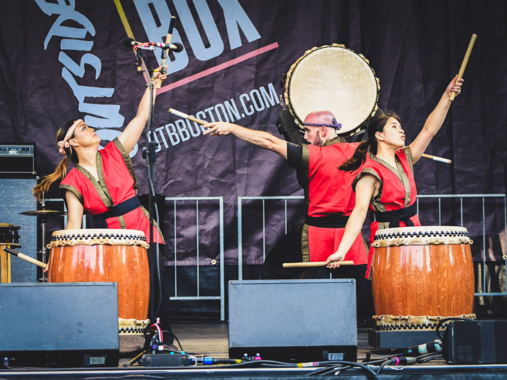 Japanese drummers perform on stage at the Outside the Box festival in Boston